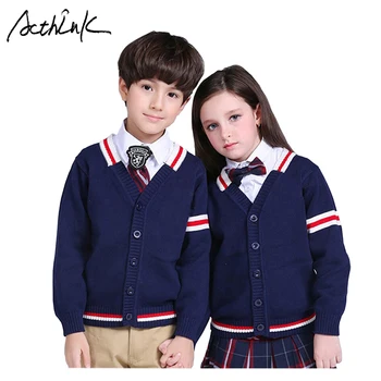 

ActhInK New Kids School Cardigan Sweater for Boys and Girls Brand Top Quality Girls Striped V-Neck Coat Big Boys Sweater, C317