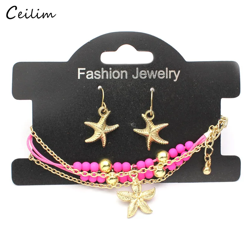 

2019 Bohemian African Beads Jewelry Set Gold Color Chain and Colorful Ropes Aircraft Bracelet for Kids Girls Starfish Earrings