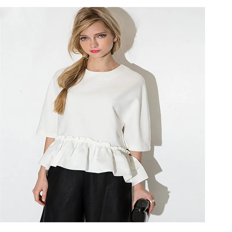 

Haoduoyi Summer New Women Elegant Ruffle Tee Shirt Asymmetric Top Summer Draped Ladies Blouse womens tops and blouses