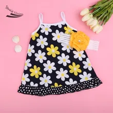 Kids Baby Girl Two Pieces Sleeveless Flower Print Dot Ruffle A-Line Strap Dress and Headband Set