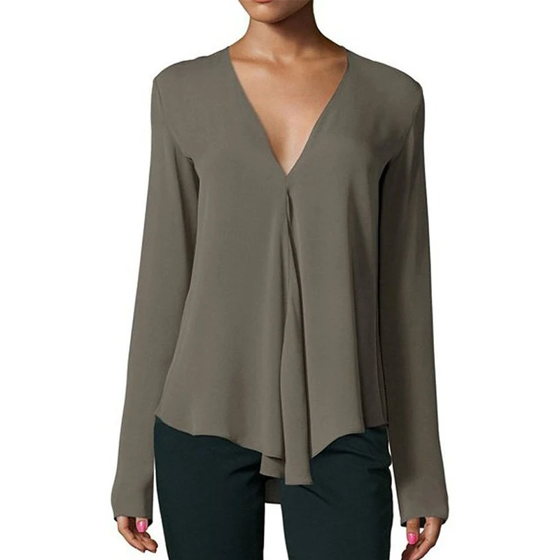 

Summer Chiffon Thin Vintage Women Blouse Sexy V Neck Long Sleeve Tunic Elegant Office Shirt Casual Plus Size Blouse Casual Tops