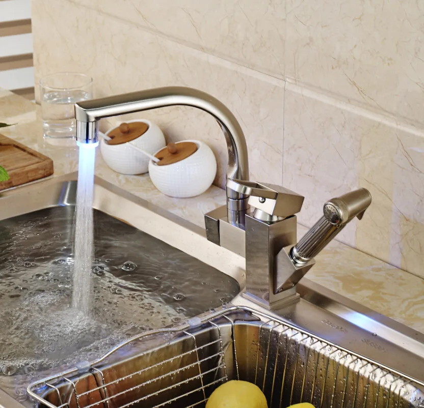 

Wholesale And Retail Pull-out Sink Faucet Two Spray One Handle LED Changing Kitchen Mixer Taps Nickel