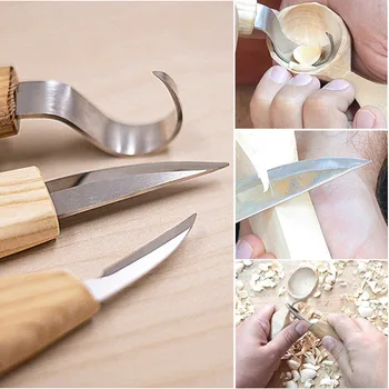 

5pcs High Manganese Steel Peeling Woodcarving Cutter Woodwork Sculptural DIY Wood Handle Spoon Carving Knife Woodcut Tools