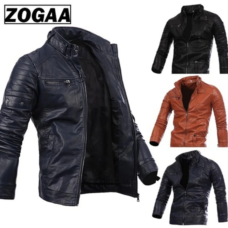 

ZOGAA Full Sleeve Men Jacket New Mens Cotton Multi Zipper Button Collar Men Motorcycle Leather Jacket with Stand Zipper Solid