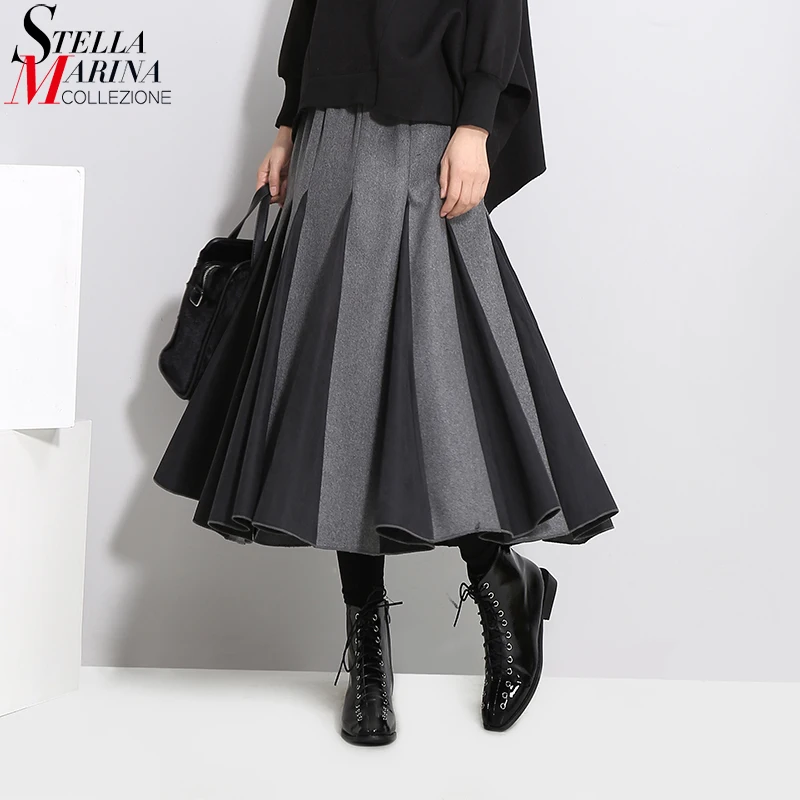 Günstig 2019 koreanische Stil Frauen Herbst Winter Plissee Rock Schwarz Grau Elastische Taille Reich Weibliche Elegante A line Beiläufige Lange Rock 3028