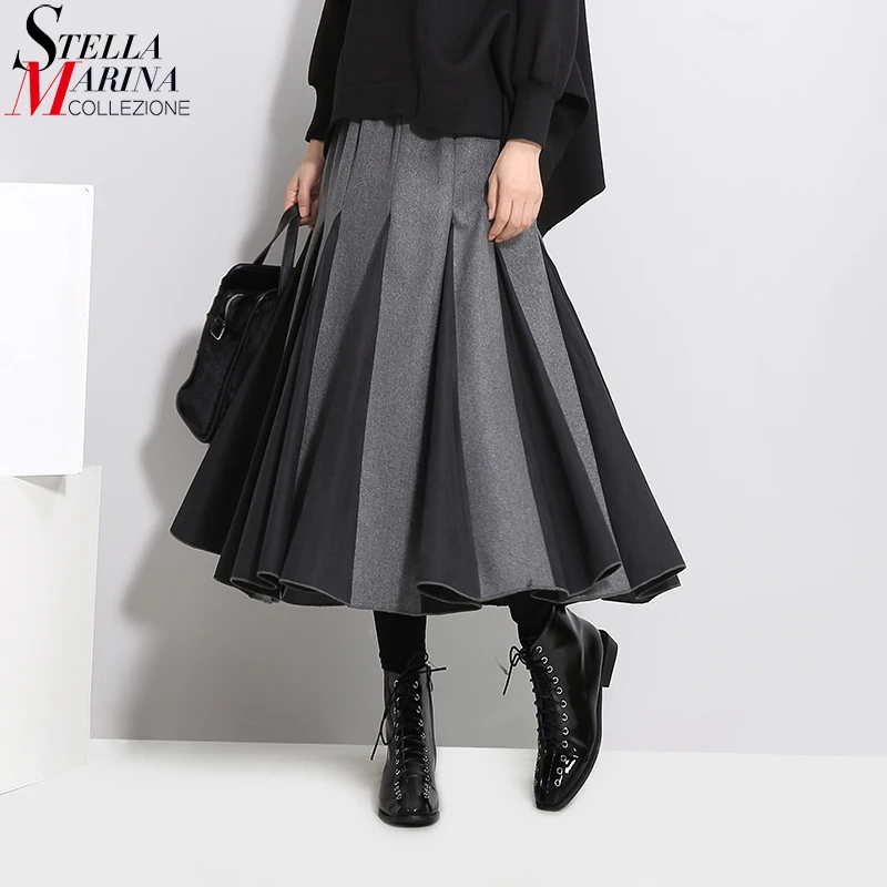 2019, корейский стиль, женская осенняя зимняя плиссированная юбка, черная, серая, эластичная талия, ампир, женская элегантная трапециевидная Повседневная Длинная юбка, 3028