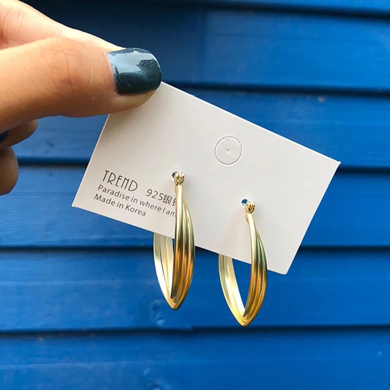 

S925 Silver Needle Copper Matte Gold Color Geometric Layered Oval Hoop Earrings For Women Minimalism Korean Fashion Jewelry