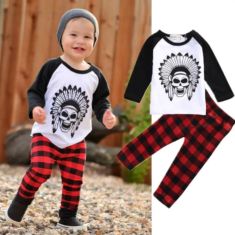 2Pcs Newborn Baby Boys Girls Cotton Long Sleeves Plaid Print Tops T-Shirt Pants Outfits Set