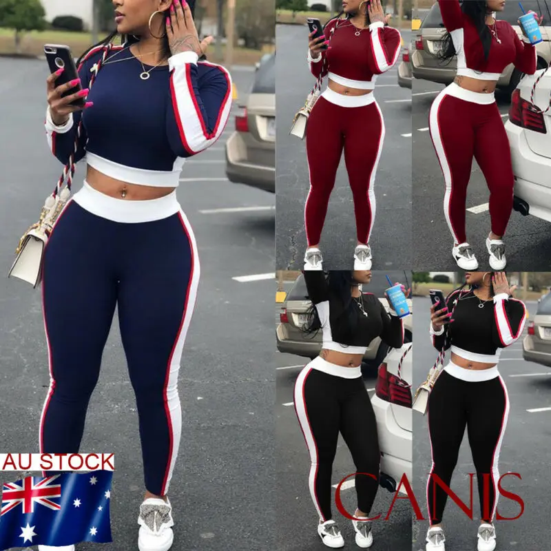 

AU 2Pcs Womens Tracksuit Pants Set Rib Hoodies Sweatshirt Lounge Wear Sport Suit