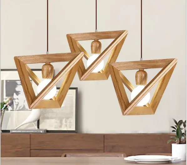 

Nordic Art iron pendant light bar restaurant triangle geometric solid wood droplight lamp E27 38cm