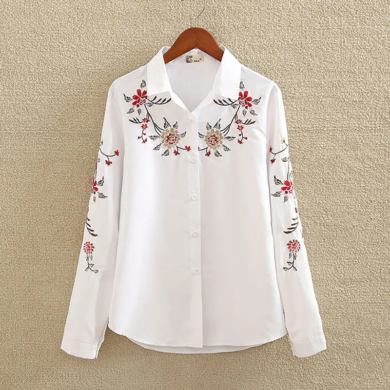 Meilleur Broderie Blanc Coton Chemise 2018 Automne Nouvelles Femmes De Mode Blouse À Manches Longues Casual Tops Lâche Chemise Blusas Feminina plus taille