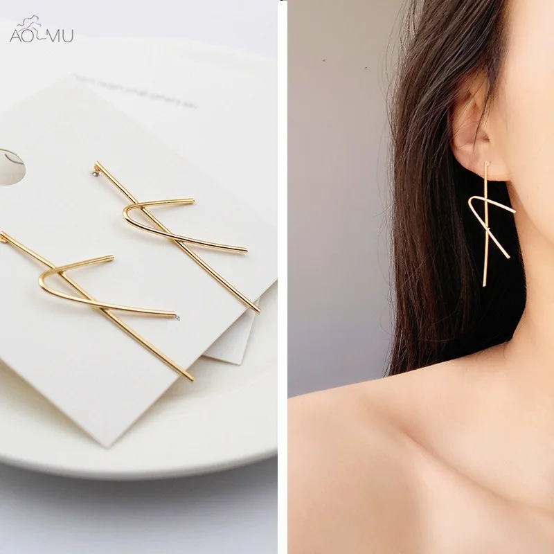 

AOMU Fashion Smooth Irregular Geometric Metal Gold Cross Bend Lines Drop Earrings for Women Dangle Gift Party Jewelry Pendientes