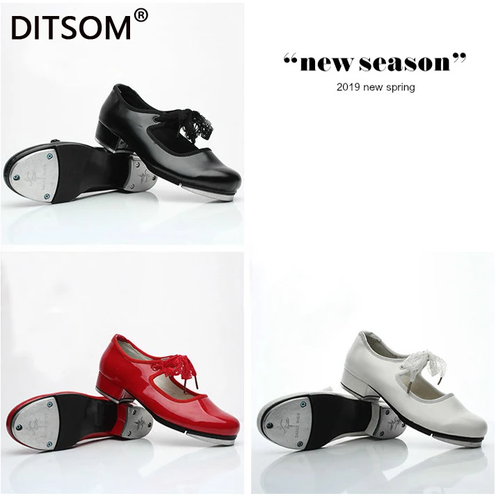

Girls Red White Patent Flexible Ribbon Tie Tap Shoes Comfort Security Step-Dancing For Children Beginner Tappers All Size 26-42