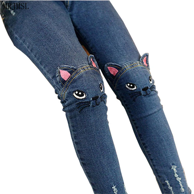 ELIE ELVO Fashion Girls Jeans Pants Cartoon Cat Autumn Children Pencil Pants Girls Leggings Kids