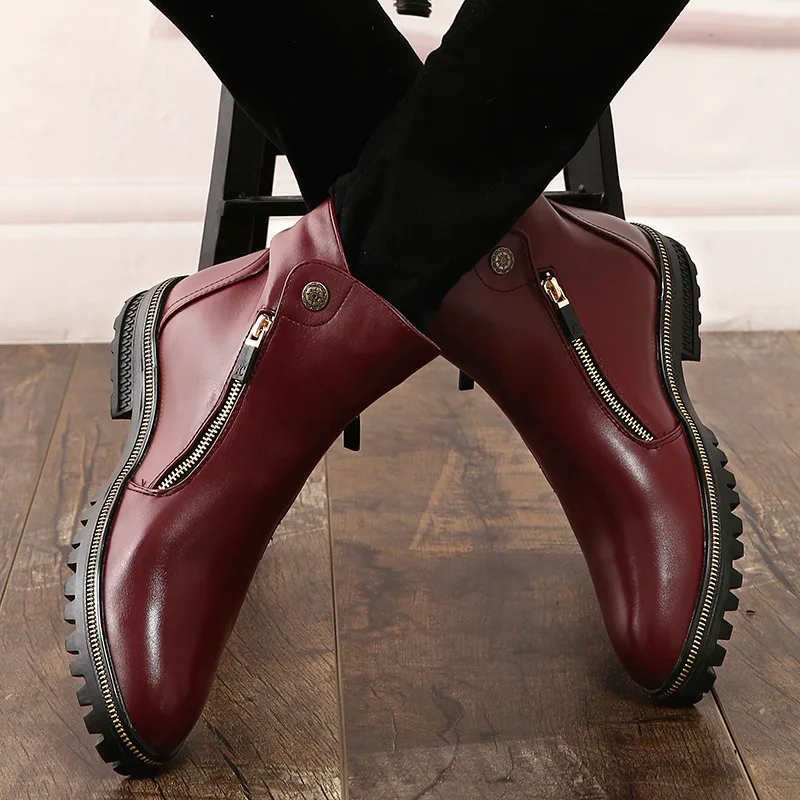 

Microfiber Sewing Ankle Men Chelsea Boots Pointed Toe Med Solid Vintage Motorcycle Boots Zip Winter Casual British Style Shoes
