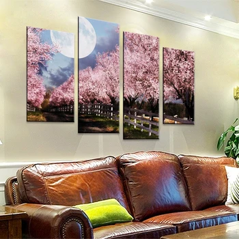 

Wall Art Pictures Canvas Paintings 4 Panels Canvas Photo Prints The Moon Under The Cherry Trees on canvas Wall Decor no frame