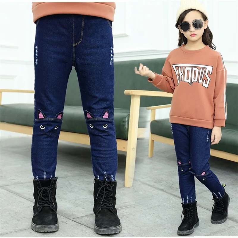 Детские зимние штаны брюки для девочек синие джинсы с рисунком кота для девочек Теплые длинные штаны для девочек плюс плотный бархат