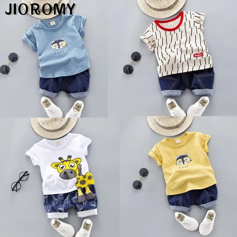 

JIOROMY 2019 Children's Garment Short Sleeve Suit Stripe Cartoon Twinset Male Girl Children Suit