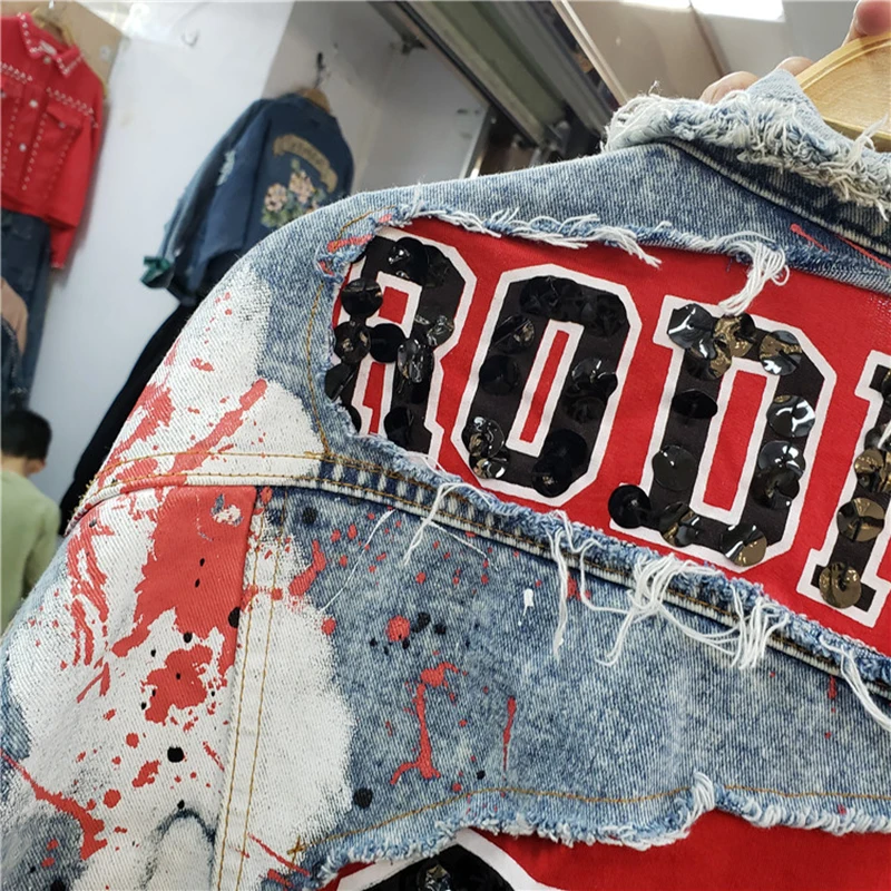 discount  Spring Graffiti printed sequins Denim Coat Long Sleeve Pearl Loose Harajuku BF Jeans Jacket Holes O