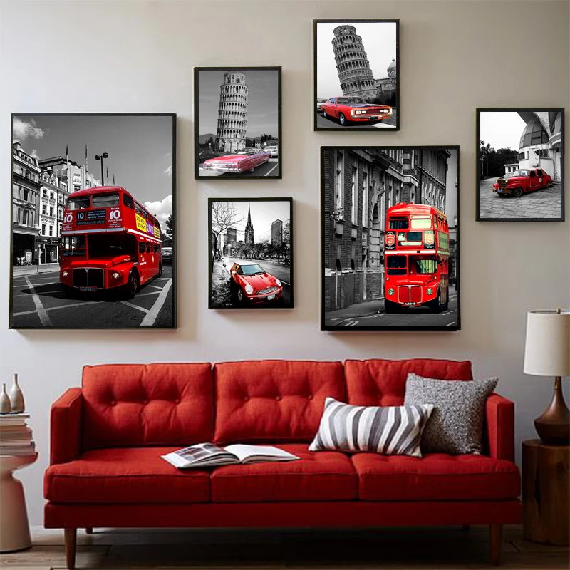 

Modern Building Landscape Art Canvas Painting Prints Red Bus And Car Posters Picture For Living Room Home Decor No Frame SID318