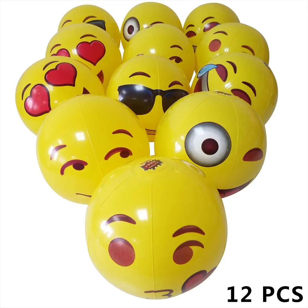 

12pcs Newest Popular Cute Yellow Cartoon Emoji Smiley Water Float Ball Face Expression Kids Adult Inflatable Toy Beach Ball