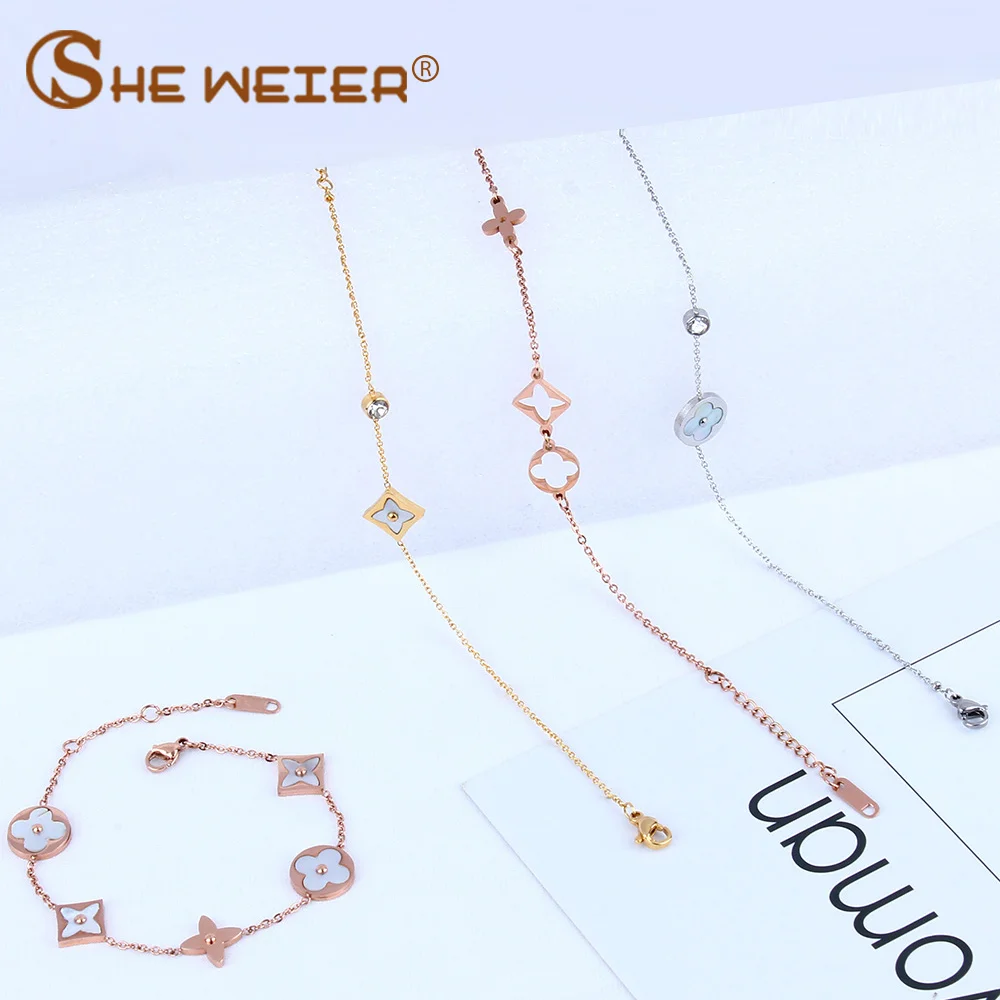 SHE WEIER charms bracelets & bangles for women chain link bracelet women femme stainless steel female braclet clover shell Fashion Jewelry