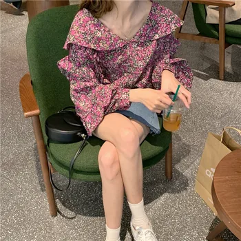 

Lychee Girls Flower Print Women Blouse Shirts Long Sleeve V Neck Female Blouses Causal Loose Shirts