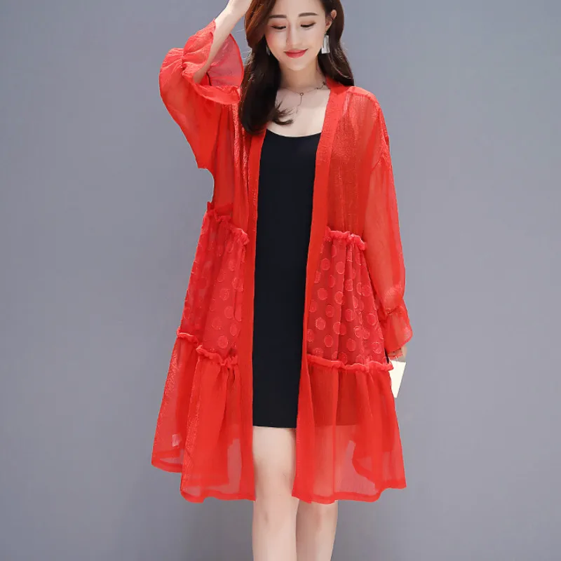 

2019 Loose Long Flare Sleeve Long Chiffon Kimonos Women Casual Long Sleeve Red Chiffon Beach Kimonos Lady Air Condition Tops