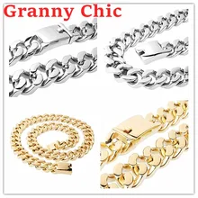 Granny Chic Men’s Chain 316L Stainless Steel Necklace or Bracelet for Women Men Silver Gold Curb Cuban Link Hiphop Jewelry
