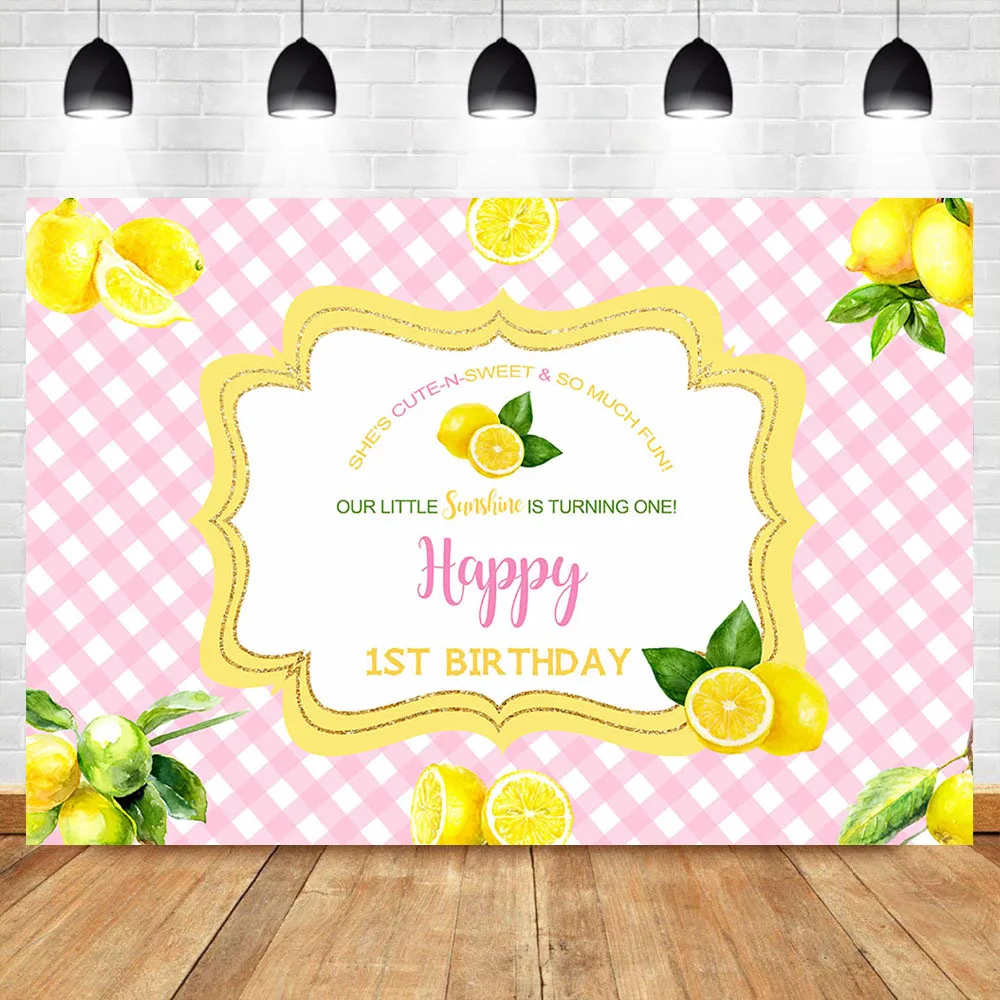 

NeoBack Lemon First Birthday Backdrop 1th Birthday Party Fruit Lemon Photography Backdrops Pink White Lattice Photo Background