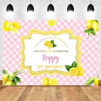 

NeoBack Lemon First Birthday Backdrop 1th Birthday Party Fruit Lemon Photography Backdrops Pink White Lattice Photo Background