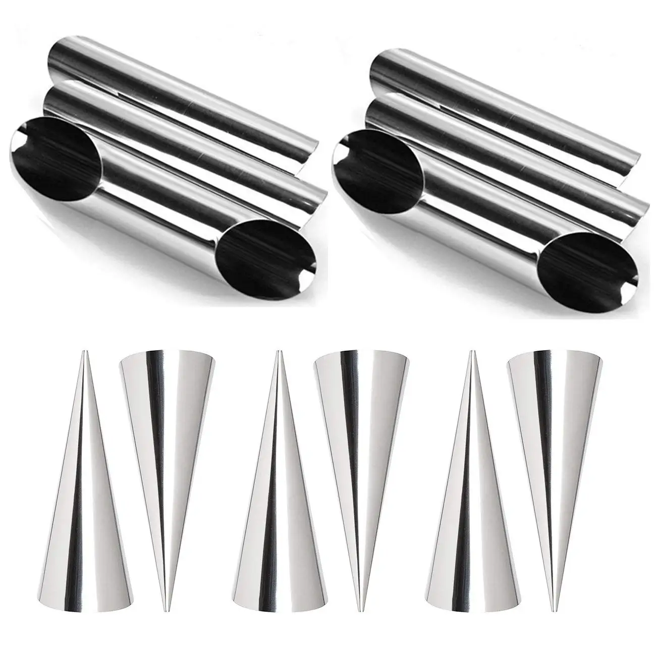 

set of 12 Guaren Stainless Steel Cannoli Form Tubes, Cream Roll Horn Molds - Cone Shaped and Diagonal Shaped