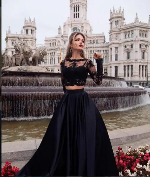 2017 Sexy Deux Pieces Robe De Bal Noir Sheer Cou Dentelle Corsage Manches Longues En Satin Jupe Pas Cher 2 Pieces Robes De Bal Parti Robe Aliexpress