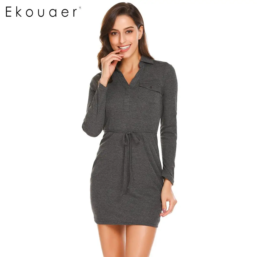 

Ekouaer Women Nightgown Sleepshirts Turn-down Collar Long Sleeve Solid Package Hip Slim Bodycon Dress Sleepwear Female Homewear