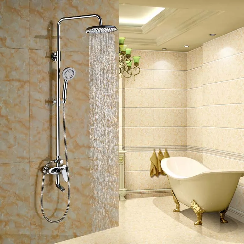 

Wall Mounted 8" Rain Round Shower Head Swivel Spout Valve Mixer Tap W/ Hand Shower Sprayer Chrome