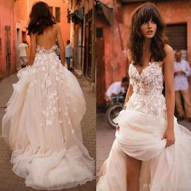 

robe de mariee Women Dress Backless Boho vestido de noiva casamento Off Shoulder Tulle Long Formal Dresses Appliques