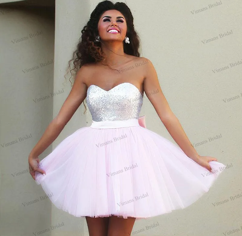 Cheap Hot Sale Short Prom Dresses Sweetheart Top Sequins Tulle Light