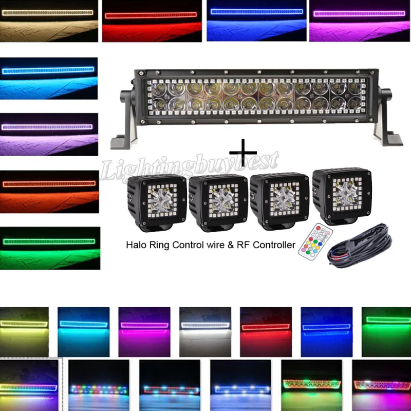13.5\ 72W Led light bar Spot Flood Combo + 4x 3inch led work light cube pods with RGB halo ring Chasing Color Change 12V