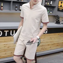 Лето толстовка хлопок лен сплошной удобный с коротким рукавом модная одежда Топы Половина Брюки Свободные повседневные дышащие наборы