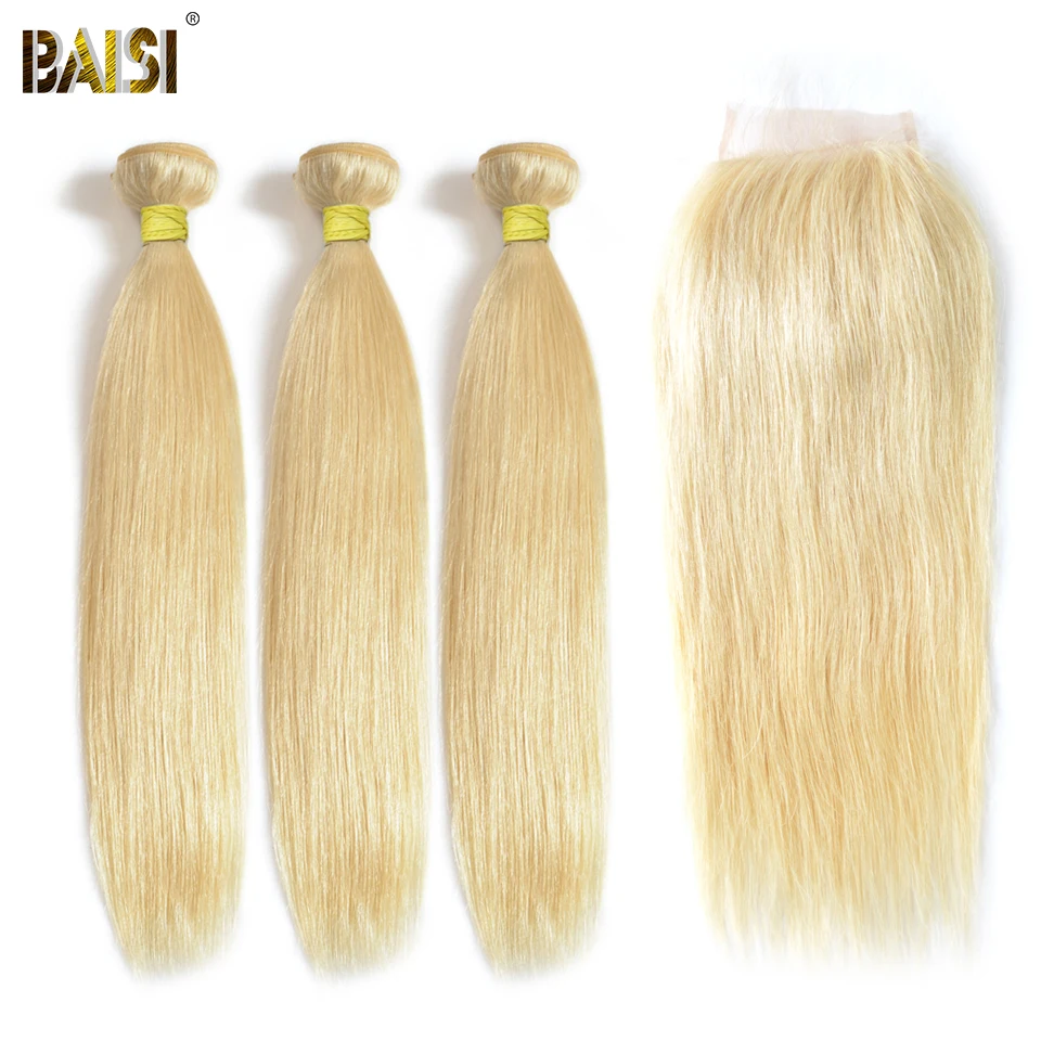 

BAISI Hair 3 Bundles with Closure 100% Human Hair Extension Peruvian Straight Virgin Hair 613 Blonde Colored