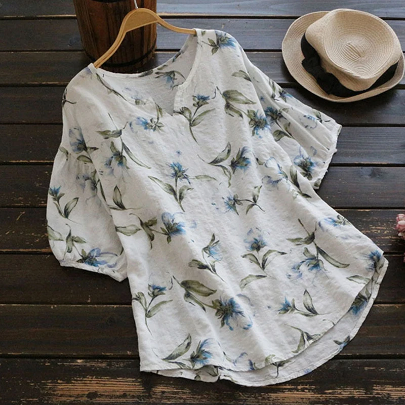 2019 New Summer Women Cotton Linen Top Blouse Soft Floral Print Loose Shirt Femme Casual O neck Plus Size Shirts Casual S-4XL