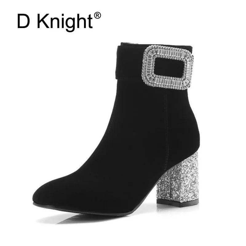 

Bling Rhinestone Women High Thick Heels Boots Fashion Pointed Toe Ankle Boots For Women Winter Sexy Ladies Shoes Plus Size 32-43