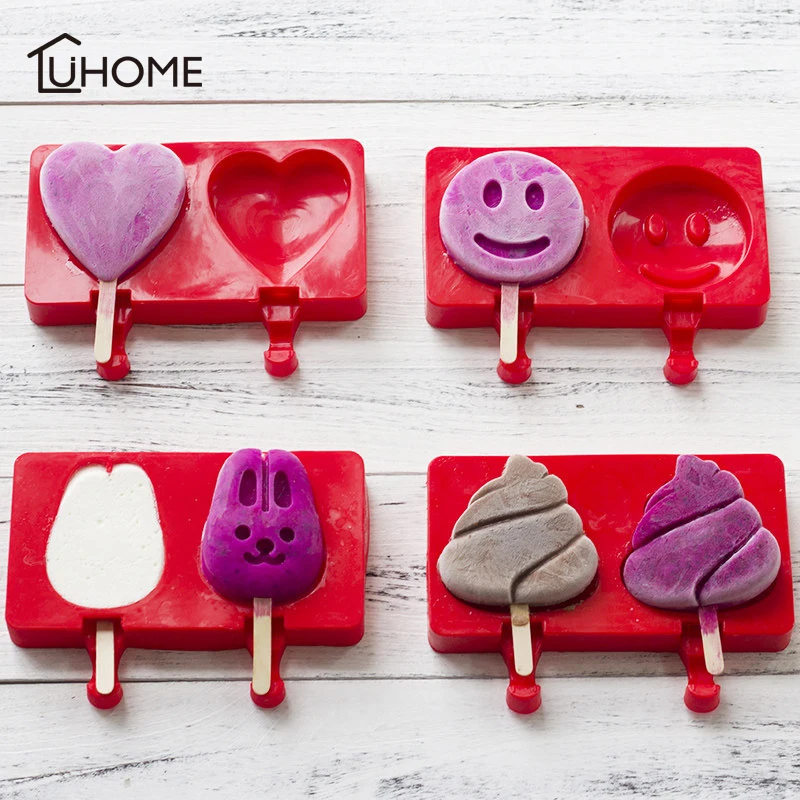

2 Holes Smail Love Heart Shape Silicone Ice Cream Mold Rabbit Popsicle Molds Ice Tray Cube Tools Frozen Ice Lolly Maker Holder