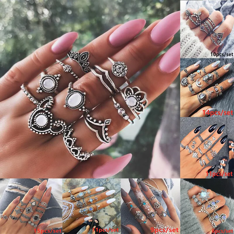 

12pcs/set Summer New Set Ring Personality Hollow Shaped Water Drop Imitation Gemstone Crown Joint Rings Jewelry