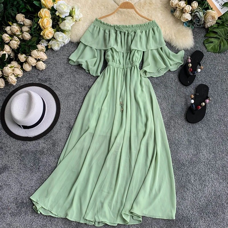 

2019 Summer Fashion Maxi Long Beach Dress Stretch Slash Neck Strapless Flare Sleeves Ruffled Fairy Causal Runway Dress Women