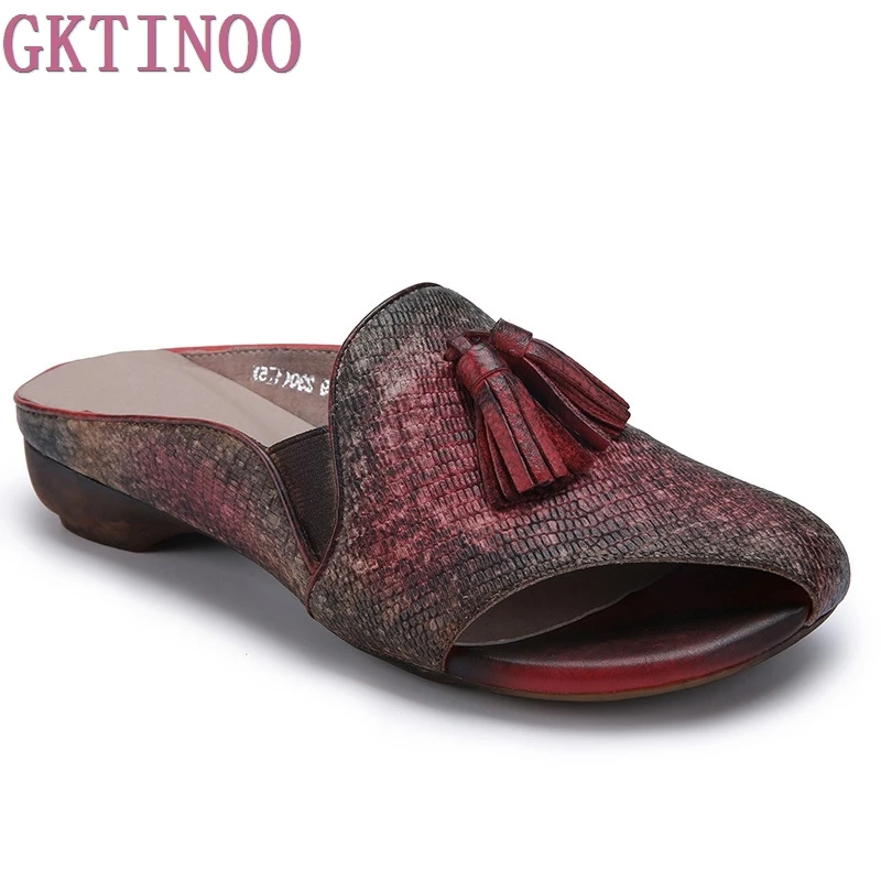 

Ethnic Style Women Slippers Summer Shoes 2018 Fringe Sandals Flat Slides Peep-toe Women's Shoes Genuine Leather Slipper