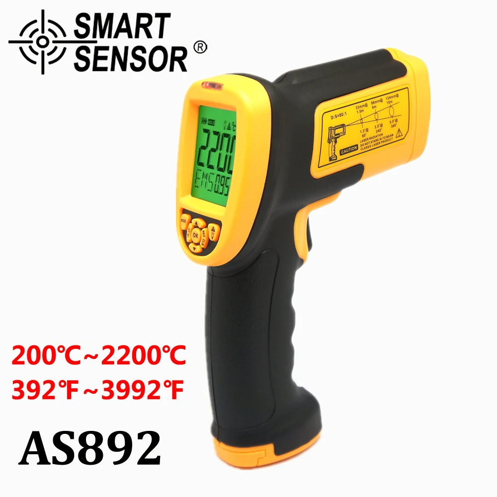 

SMART SENSOR AS892 80:1 Pyrometer non contact digital Infrared Thermometer laser IR Temperature Gun meter 200C~2200C