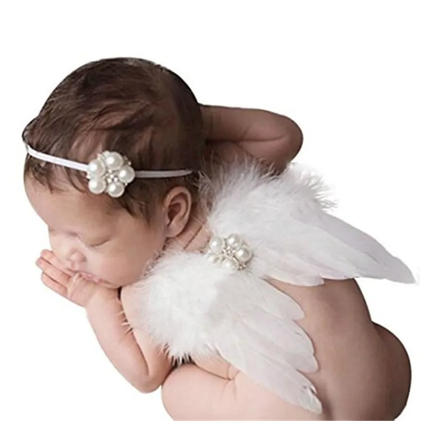 Fashion Girls Hairband with Rhinestone Flower Hair Accessory New Newborn Baby Angle Wing with Headband Photography Props