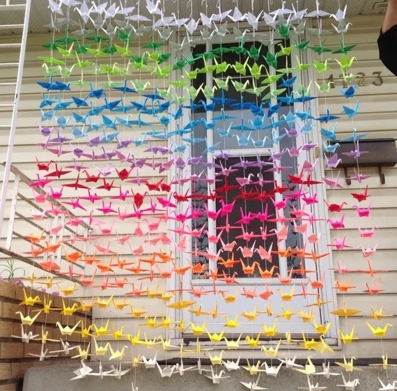 200 Paper Cranes10 Strands-Set of 20 Pink Purple Green Origami Crane Wedding Backdrop Ombre Paper Bird in Strings Mobile Party Decor