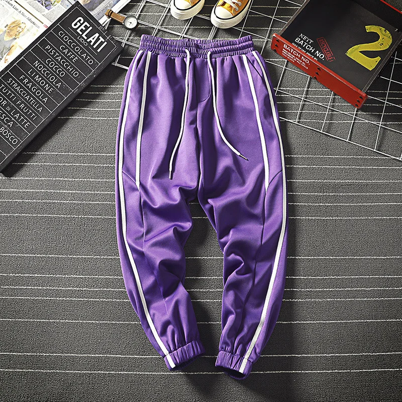 Helisopus хип-хоп мужские штаны для бега, уличная одежда, повседневные свободные штаны с боковой полосой, летние модные мужские брюки - Цвет: Фиолетовый